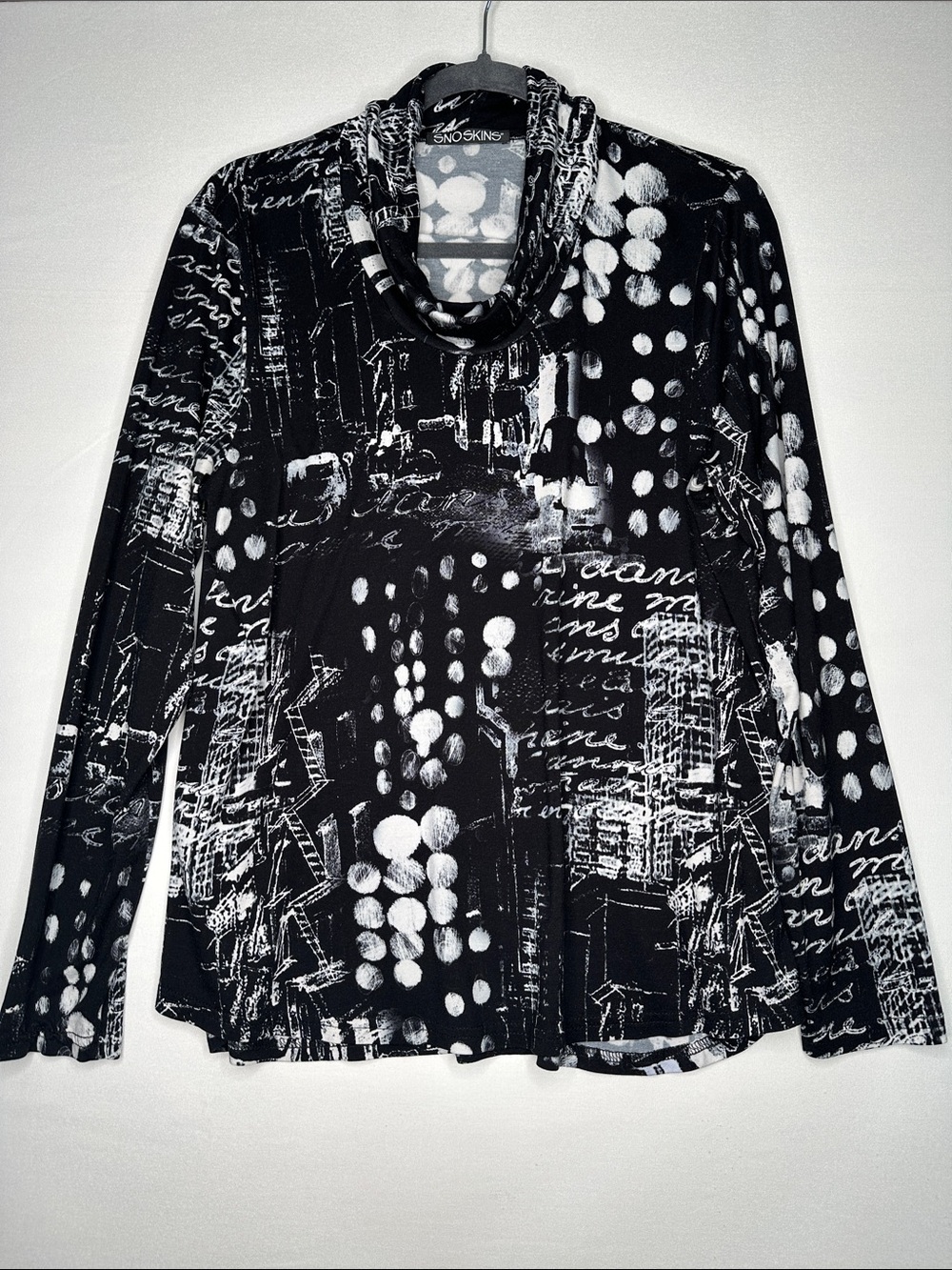 SNO SKINS Black & White Abstract Print Cowl Neck Long Sleeve Top Large
